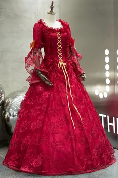 100% realių vyno raudonos nėrinių siuvinėjimo pusė rankovės kamuolys suknelė viduramžių suknelė Renesanso suknelė karalienės Viktorijos Belle Kamuolys suknelė