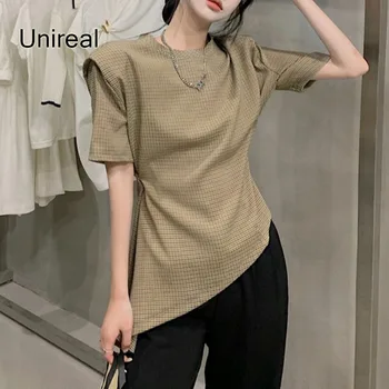 Unireal 2022 m. Vasarą Moterys Plaid marškinėliai trumpomis Rankovėmis Vintage Marškinėliai Streetwear Mados Moterų marškinėliai